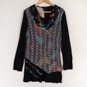 Elena Wang Tunic Top Womens Large Black Multi Mesh Overlay Cowl Stretch Artsy